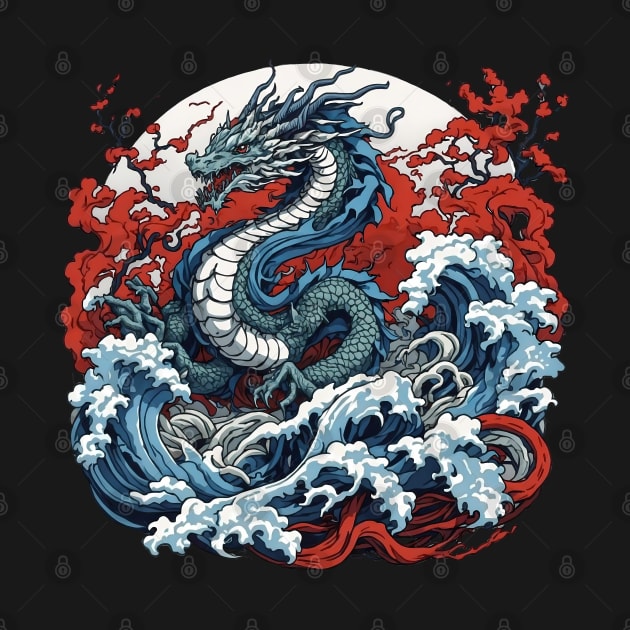 Dragon against the backdrop of a setting sun bathed in ocean waves by T-Shirt Paradise