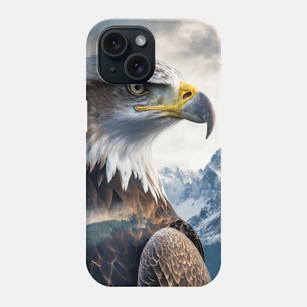 Snowy Summit Soar: Eagle Double Exposure with Mountain Majesty Phone Case by MBSCREATIVES