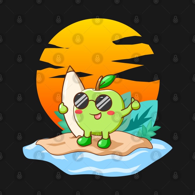 Surfer Apple Kawaii Character Funny Summer Beach Surfing by markz66