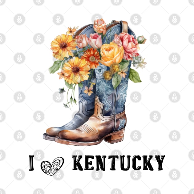 I Love Kentucky Boho Cowboy Boots with Flowers Watercolor Art by AdrianaHolmesArt