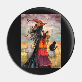 Witch Way Halloween Witch and Black Cat Fantasy Art Pin