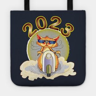 cat riding a scooter new year 2023 Tote