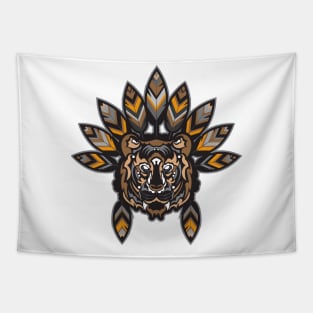 Tiger Head With Indian Feathers Ready Tapestry