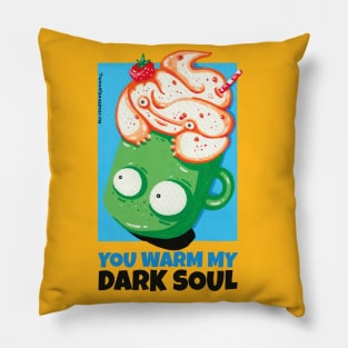 You Warm My Dark Soul! Black coffee with cream in a green mug funny cartoony characters Pillow