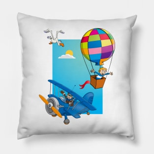 Drawing of a boy in a hot air balloon and a happy pilot in a blue airplane Pillow