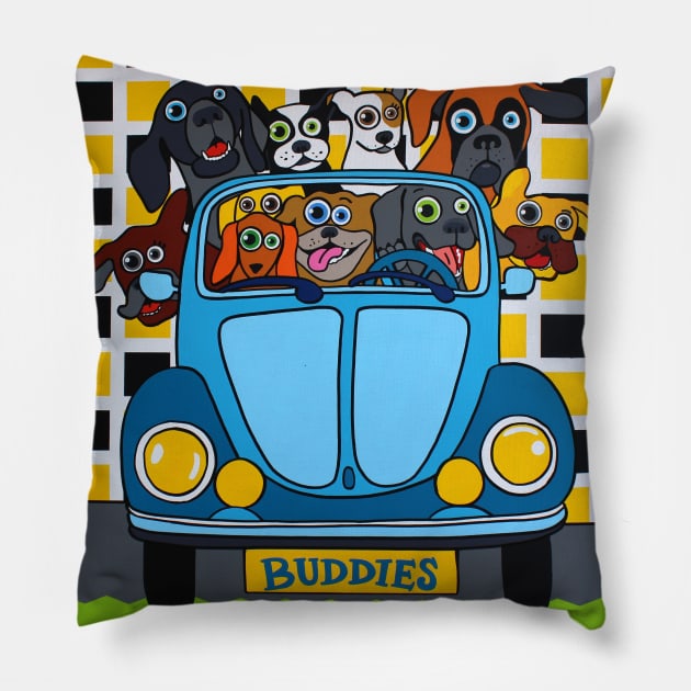 happy dog friends driving in a car Pillow by Griffioen