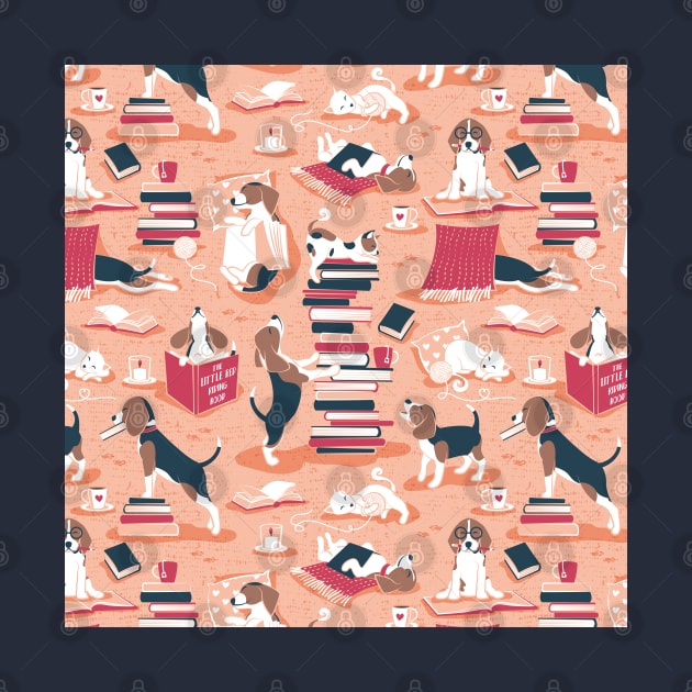 Life is better with books a hot drink and a friend // pattern // coral background brown white and blue beagles and cats and red cozy details by SelmaCardoso