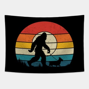 Retro Bigfoot Walking Pembroke Welsh Corgi Dog Sasquatch Lover Tapestry