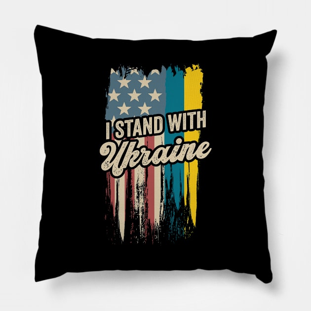 I Stand With Ukraine USA and Ukraine Flags Holding Hands Pillow by BramCrye