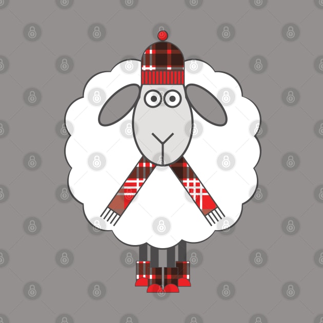 Cosy Winter Sheep With Red, Black and White Tartan Hat, Scarf and Boots by MacPean