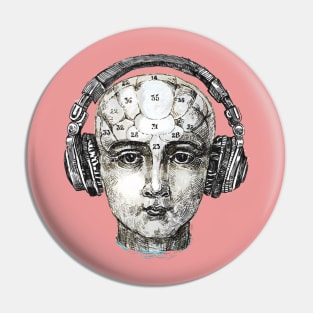 Phrenology head with headphones. Pin