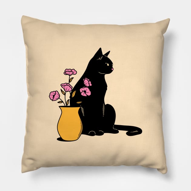 Playful Black Cat in beige Pillow by The Charcoal Cat Co.