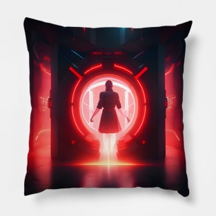 Cyberpunk Mysterious Crimson Red Neon Portal Pillow