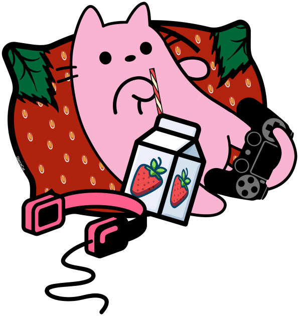 Strawberry milk pink cat gamer relaxing Kids T-Shirt by GlanceCat