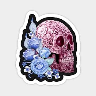 Unique Cool Pink Floral Blue Flowers Skull Magnet