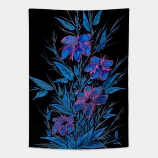 Blue and Purple Flowers on Black Tapestry