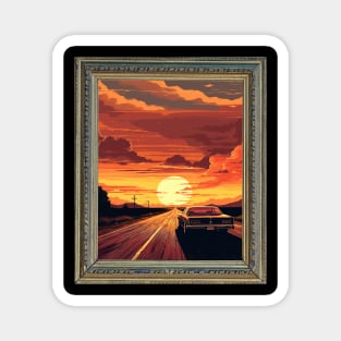 Car driving towards sunset Magnet