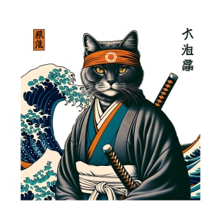 Vaporwave Samurai Cat Great Wave Off Kanagawa T-Shirt