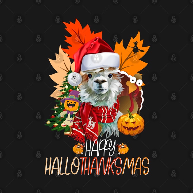 Happy Hallothanksmas llama Halloween Thanksgiving Christmas by dounjdesigner