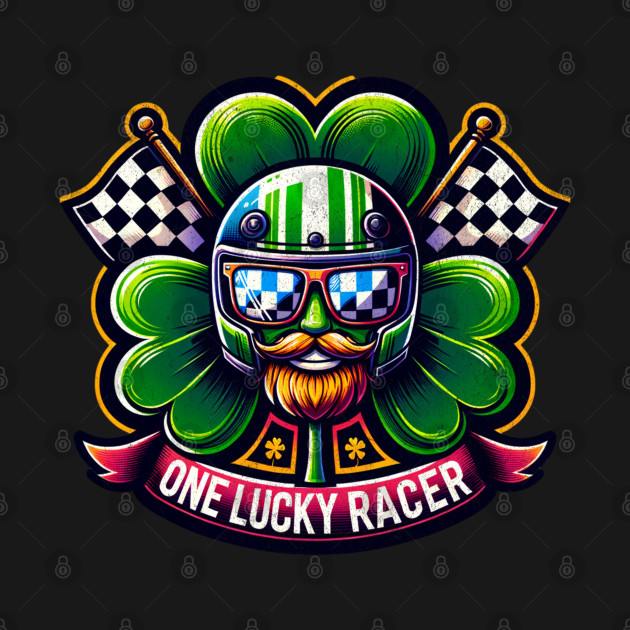 One Lucky Racer St Patrick's Day Irish Shamrock Beard Checkered Flag Racing Clover Leprechaun St Paddy's Day Luck by Carantined Chao$