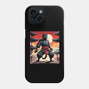 Obsidian Ninja: Black Cat Warrior in Fiery Red Attire Phone Case