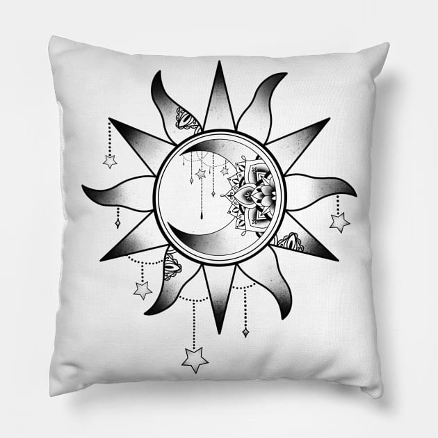 Celestial moon and sun mandala design Pillow by Helena Morpho 