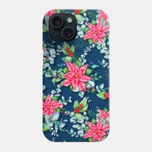 Beautiful watercolor Christmas floral design Poinsettia flowers with eucalyptus Phone Case