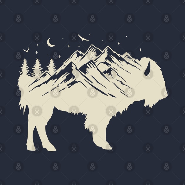 Buffalo Silhouette - Retro Bison Mountain - Buffalo Lover by OrangeMonkeyArt