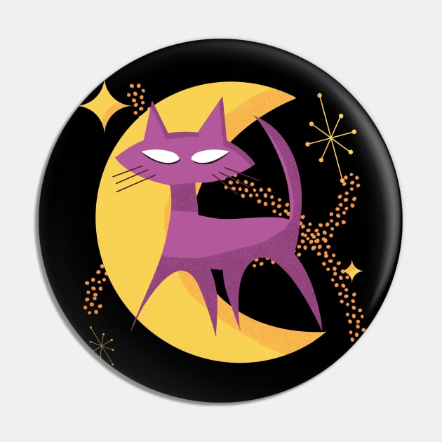 Atomic Cat in Moon Mid-Century Modern Halloween Scene Pin by ksrogersdesigns