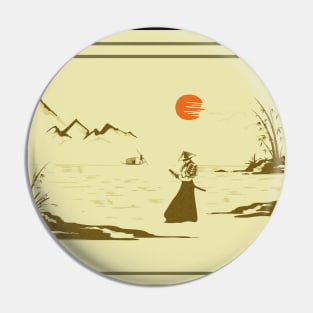 Riverside Serenity: Hand-drawn Samurai Watching Sunset Pin