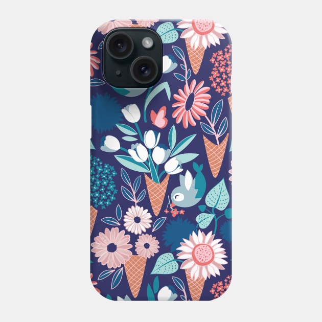 Midsummer I scream flower cones // pattern // navy blue background pink coral and aqua and teal flowers bouquets Phone Case by SelmaCardoso