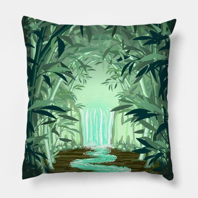 Fluorescent Waterfall on Surreal Bamboo Forest Pillow by BluedarkArt