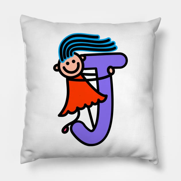 Letter J for girls alphabet Kids Colorful Cartoon Character Pillow by funwithletters