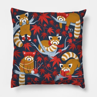 Red panda blending with the foliage // navy background desert sun brown cozy animals fog blue tree branches red acer leaves Pillow