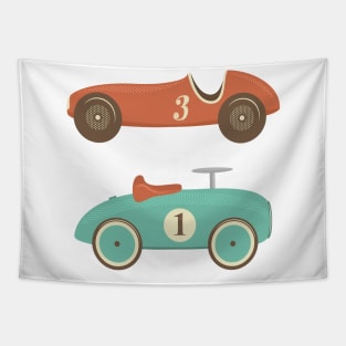 Retro toy racing cars with numbers one and three Tapestry