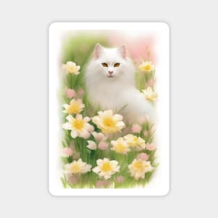 Longhaired White Cat in the Flower Garden Soft Pastel Colors Magnet