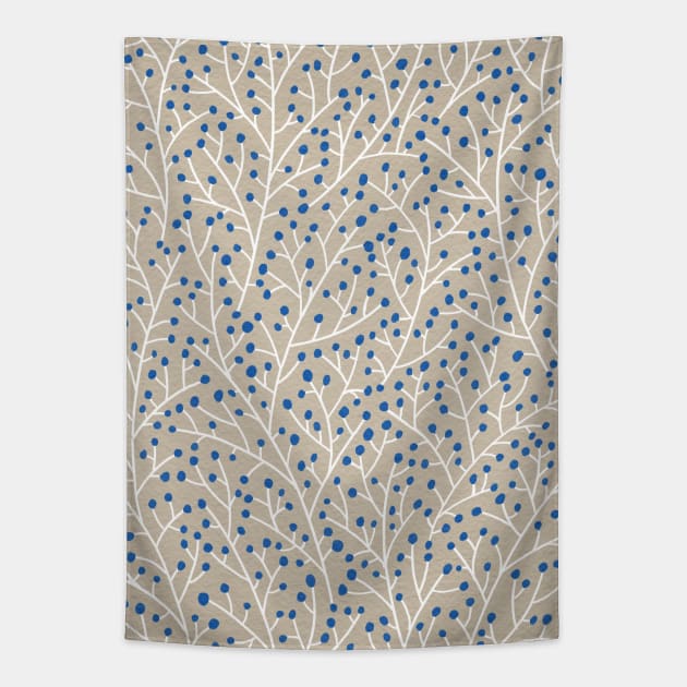 Berry Branches - Blue Tan Tapestry by CatCoq