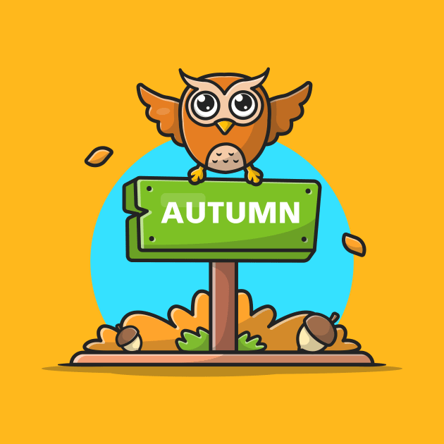 Autumn Sign with Cute Owl and Acorn Cartoon Vector Icon Illustration by Catalyst Labs