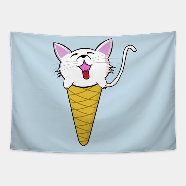 Cute Kawaii Cat in Ice Cream Cone Tapestry by KawaiinDoodle