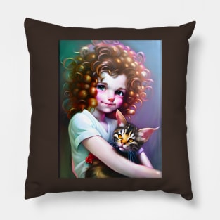 Adorable girl with cat - Modern digital art Pillow