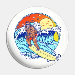 Surfing Bigfoot Funny Beach Sasquatch Surfer Waves Retro 80s Pin