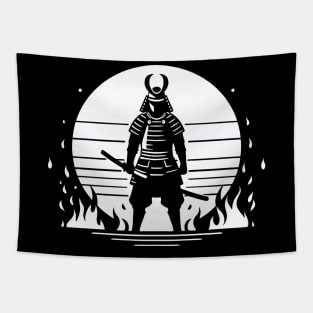 Samurai Warrior standing unfazed in Flames Tapestry