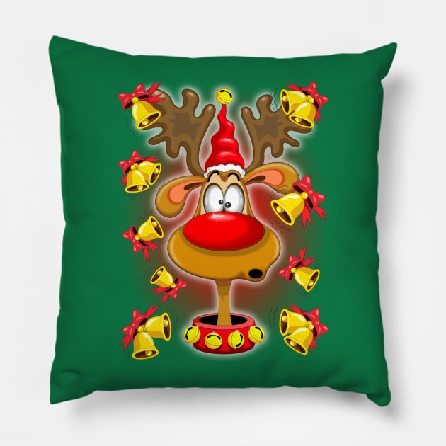 Reindeer Fun Christmas Cartoon with Bells Pillow by BluedarkArt