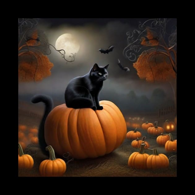 Black cat in pumpkin patch by Love of animals