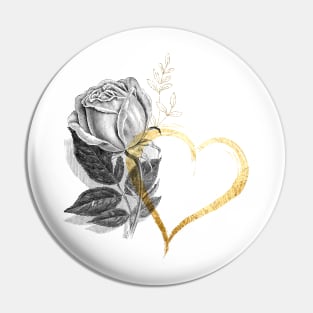 Black Rose Flower with Gold Heart Pin