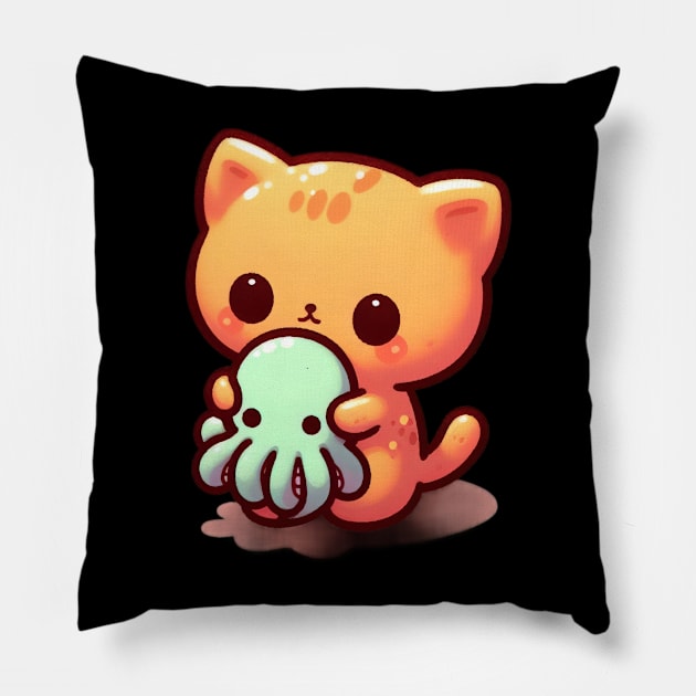 Cute little cat holding Cthulhu Pillow by Evgmerk