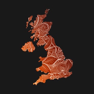 Colorful mandala art map of United Kingdom with text in brown and orange T-Shirt