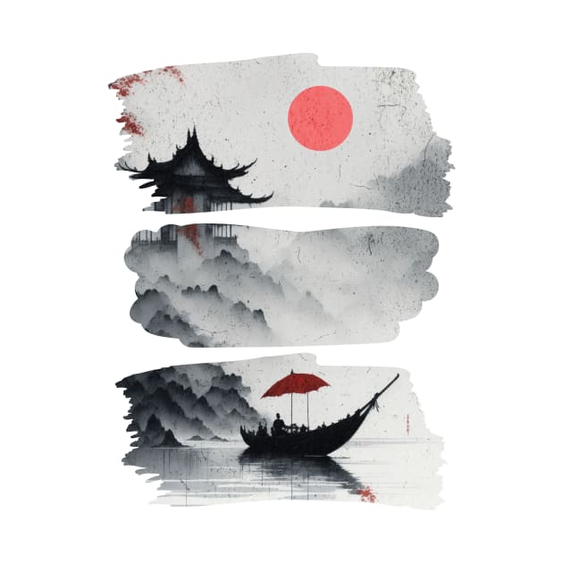 Boat and Red Sun by InktuitionCo