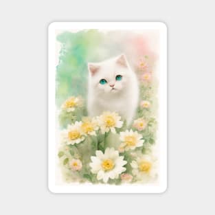 Happy White Cat in the Flower Garden Soft Pastel Colors Magnet