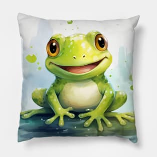 Happy Cute and Adorable Bright Green Watercolor Frog Pillow